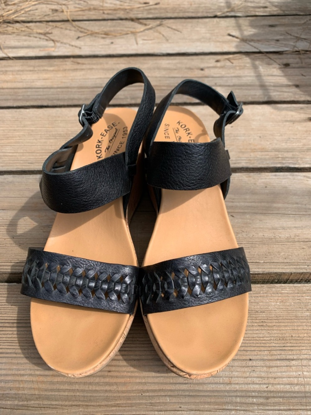 Kork-Ease Black Leather Woven Front Ankle-Strap Sandals